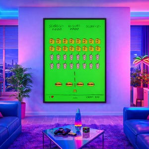 Puede incluir: Una habitación vibrante con una máquina recreativa retro y un gran póster enmarcado con un juego pixelado con temática de comida. La habitación está iluminada con luces de neón, una lámpara de lava y arte mural geométrico colorido.