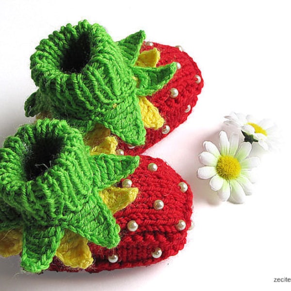 Knitted Baby booties  "Strawberry  Fairy", hand knit baby girls shoes ,strawberry baby booties