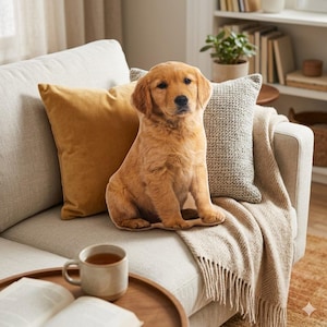 May include: A plush golden retriever puppy-shaped pillow sits on a beige sofa, next to a mustard-colored pillow and a textured gray pillow. A tasseled throw blanket and a wooden tray with a cup of tea and an open book complete the cozy scene.