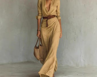 Boho Belted Maxi Dress for Woman's | Long Sleeve Flowy Casual Vacation Skirt