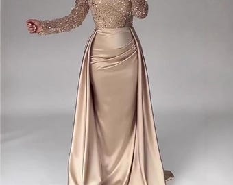 Sequin Satin Mermaid Gown – Long Sleeve Evening Dress with Overskirt