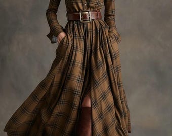 Women’s Plaid Maxi Dress – French Vintage Long Sleeve Belted Gown