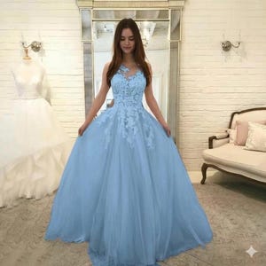 formal blue and white dresses for women Doulton Blue & White Tulle Layer Prom Ball Gown
