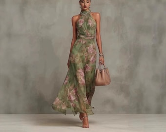 Women’s Elegant Floral Maxi Dress – Graceful Flowing Halter Evening Gown