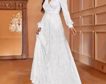Women’s Sequined Pleated Maxi Dress – V Neck Long Sleeve Wedding Guest Gown