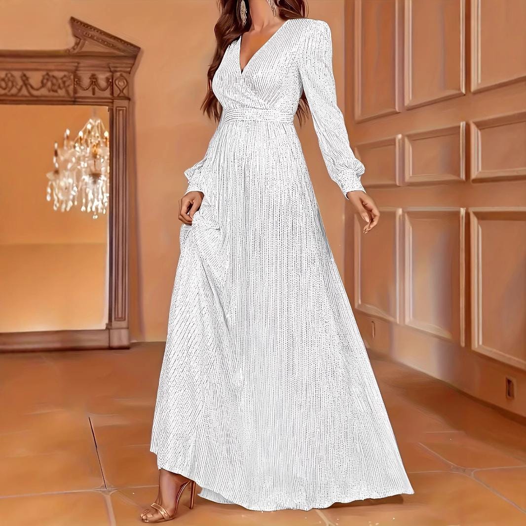 deep v neck dress long sleeve Lennon Deep V-Neck Long Sleeves Wedding Dress XXXL / White main image 1