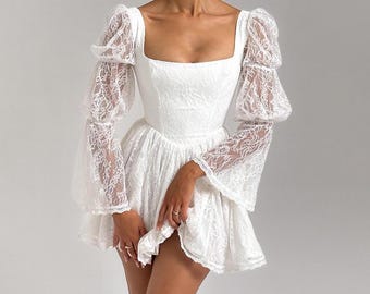 White Lace Mini Dress – Puff Sleeve Square Neck Romantic Party Outfit