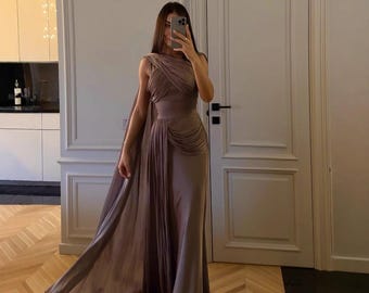 Women’s Pleated Ribbon Satin Evening Dress – One Shoulder Ruched Maxi Gown for Weddings & Parties