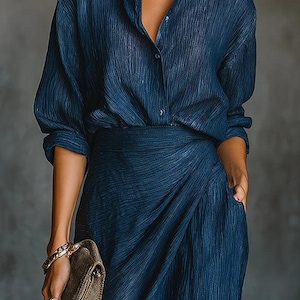 Women’s  Elegant Blue Pleated Midi Shirt Dress – Irregular Pleats Belted Outfit
