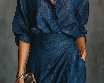 Women’s  Elegant Blue Pleated Midi Shirt Dress – Irregular Pleats Belted Outfit