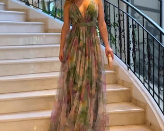 Women’s Floral Print Maxi Dress – V Neck Sleeveless Chiffon Party Gown