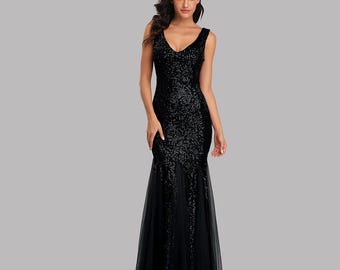 Sequin Mermaid Dress – V Neck Sleeveless Formal Evening Gown for Women