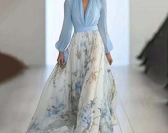 Women’s Deep V-Neck Floral Boho Maxi Dress, Long Sleeve A-Line Ruffle Hem