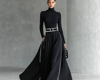 Elegant Black Maxi Dress – Long Sleeve Turtleneck Formal Gown