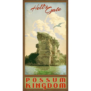 May include: A vintage travel poster with a green, brown, and yellow color scheme. The poster features a large rock formation called "Hell's Gate" with the text "Possum Kingdom" at the bottom. The poster has a retro style with a faded look.