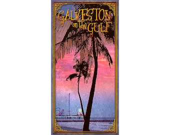 May include: A vintage-style postcard featuring a silhouette of palm trees against a pink and purple sunset. The text "GALVESTON on the GULF" is in a gold script font. The postcard also shows a Ferris wheel and roller coaster in the distance.