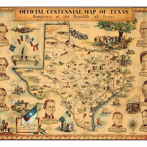 Texas Centennial Map With Historic Figures