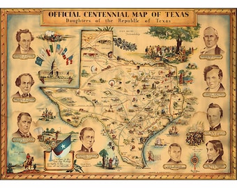 Texas Centennial Map With Historic Figures
