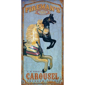 May include: Vintage sign for Fireman's Park Carousel in Brenham, Texas. The sign features a distressed blue background with a yellow and black carousel horse in the center. The text on the sign reads "Fireman's Park Carousel" and "C.W. Parker Brenham, Texas".