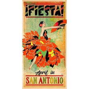 May include: A vintage poster advertising Fiesta, a celebration in San Antonio, Texas. The poster features a woman in a red and orange dress with a fan, against a colorful background.