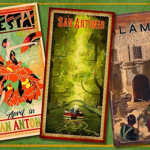 May include: Three vintage travel posters featuring scenes from San Antonio, Texas. The first poster features a woman in a red and orange dress with the text "Fiesta! April in San Anton", the second poster features a green forest with a river and boats, and the third poster features a building with the text "Alamo".