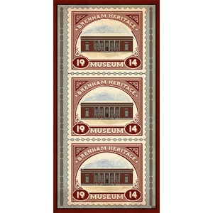 May include: Three vintage-style postage stamps featuring a red brick building with a white roof and the text "BRENHAM HERITAGE MUSEUM" in a decorative font. The stamps are numbered "19" and "14" in the bottom corners.