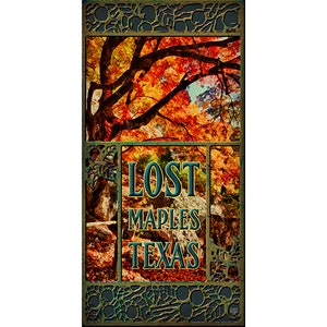 May include: A framed image of a forest scene with a large tree with red and orange leaves. The text "LOST MAPLES TEXAS" is in the center of the image.