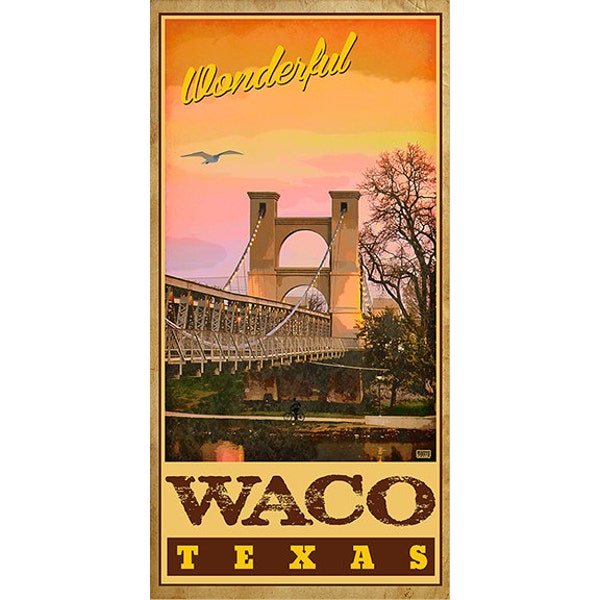 Waco Texas Travel Poster, Vintage Look Posters, Suspension Bridge near Baylor University, Historic Bridge in Waco Texas