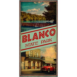 May include: Vintage style postcard featuring a scenic view of Blanco State Park in Texas. The postcard features a red pickup truck, a building with a balcony, and a waterfall.