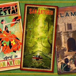 May include: Three vintage-style postcards featuring scenes from San Antonio, Texas. The first postcard features a woman in a red and orange dress with the text "Fiesta! April in San Anton", the second postcard shows a river scene with the text "San Antonio", and the third postcard features a building with the text "Alamo".