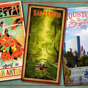 May include: Three vintage-style postcards featuring illustrations of San Antonio, Texas. The first postcard features a woman in a red and orange dress with the text "Fiesta! April in San Anton". The second postcard features a green forest with a river and boats with the text "San Antonio". The third postcard features a cityscape with a river and two people in a canoe with the text "Houston The Bayou City".
