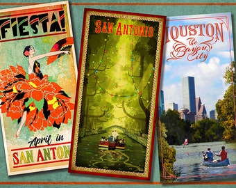 San Antonio Riverwalk, Fiesta and Houston Skyline Souvenir Memories Poster