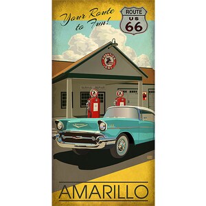 Póster de Amarillo, Texas, a lo largo de la famosa Ruta 66 con un Chevy 57