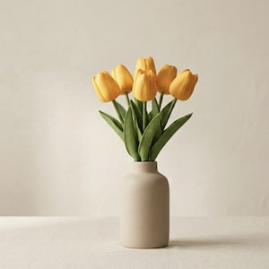 Peut inclure: Un vase beige contient un bouquet de tulipes jaunes avec des feuilles vertes. Le vase a une forme simple et arrondie. Le fond est de couleur blanc cassé neutre, créant une esthétique minimaliste.