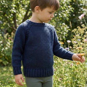 Könnte beinhalten: Ein marineblauer Strickpullover mit Rundhalsausschnitt und gerippten Bündchen und Saum. Der Pullover hat ein strukturiertes Aussehen und wird von einem Kind getragen. Das Kind trägt olivgrüne Hosen und befindet sich in einem Blumengarten.