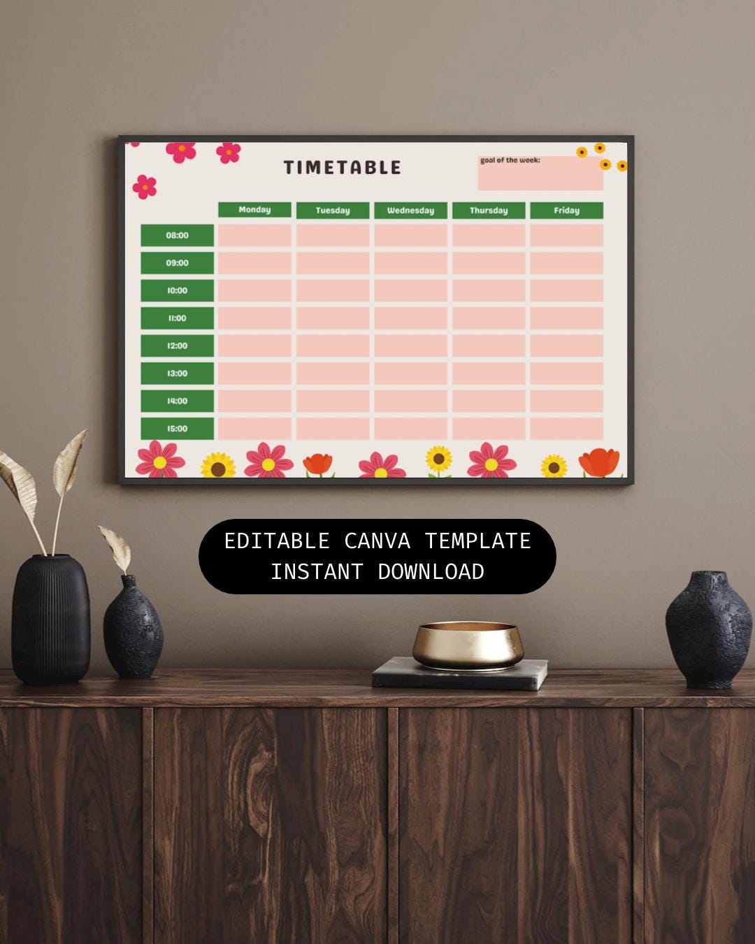 Timetable Stylised Editable Timetable Canva Template | Flower Aesthetic School Planner ...