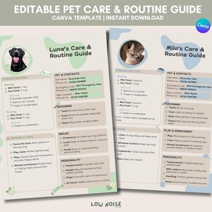 May include: A Canva template for an editable pet care and routine guide. The guide features sections for feeding, grooming, activities, and vet contacts. The design includes images of a black dog and a cat.