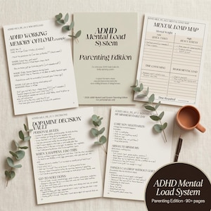 May include: A set of ADHD Mental Load System Parenting Edition planning sheets with black text on off-white paper. The documents include a working memory offload, a mental load map, a dopamine decision vault, and a minimum viable day guide.