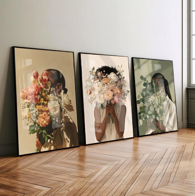 Black Woman Floral Portrait Bouquet Illustration Wall Art, Contemporary Artwork, Eucalyptus Print Soft Life Decor Minimal Green Art 50 image 5