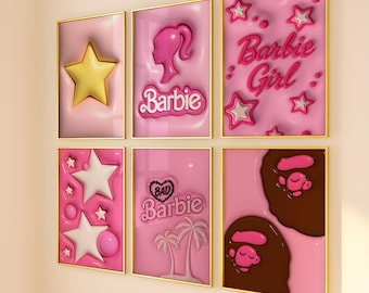 Conjunto de 6 impresiones 3D de Barbie rosa y estrellas, retrato de muñeca pop retro, arte callejero urbano, descarga digital b3
