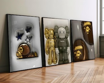 Golden Hypebeast Kaws Poster Set: Trendy 3D Room Decor (Digital Download) 60
