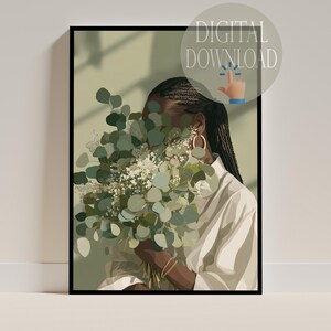 May include: Digital download art print featuring a woman with braided hair holding a bouquet of green and white flowers. She wears a white shirt and gold hoop earrings. The artwork has a minimalist style with a soft color palette.