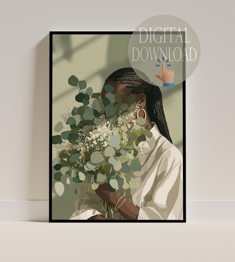May include: Digital download art print featuring a woman with braided hair holding a bouquet of green and white flowers. She wears a white shirt and gold hoop earrings. The artwork has a minimalist style with a soft color palette.