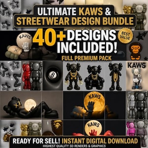 Puede incluir: Un paquete de dise&ntilde;o digital con m&aacute;s de 40 gr&aacute;ficos de personajes inspirados en KAWS, incluyendo varias poses, colores y elementos de estilo urbano. La imagen muestra el texto ULTIMATE KAWS & STREETWEAR DESIGN BUNDLE, 40+ DESIGNS INCLUDED!