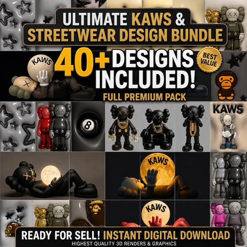 Puede incluir: Un paquete de dise&ntilde;o digital con m&aacute;s de 40 gr&aacute;ficos de personajes inspirados en KAWS, incluyendo varias poses, colores y elementos de estilo urbano. La imagen muestra el texto ULTIMATE KAWS & STREETWEAR DESIGN BUNDLE, 40+ DESIGNS INCLUDED!