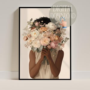 May include: A framed art print featuring a person holding a large bouquet of flowers. The flowers are a mix of pink, peach, and white blooms. The artwork has a minimalist style with the words "DIGITAL DOWNLOAD" in a circle.