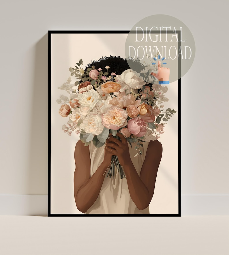 May include: A framed art print featuring a person holding a large bouquet of flowers. The flowers are a mix of pink, peach, and white blooms. The artwork has a minimalist style with the words "DIGITAL DOWNLOAD" in a circle.