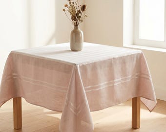 Tovaglia 100% lino, tovaglia da pranzo quadrata beige, strisce decorative in stile fattoria