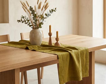 Runner da tavola in lino, Runner da tavola naturale, Runner da tavola in lino verde, Decorazioni per tavoli da matrimonio, Tovaglia runner, Runner da tavola naturale