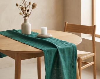 Runner da tavola in lino verde scuro con orlo a punto festone, 45 x 140 cm, decorazione da tavola in lino in stile europeo, runner da tavola per matrimoni e festività in stile rustico.